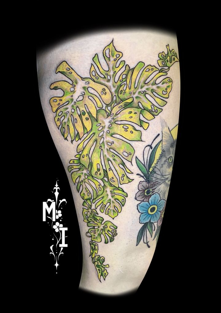 Tattoo von Luca: Monstera-Blätter mit Blüten, farbig